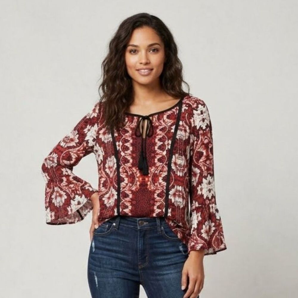 INC International Concepts Red Floral 3/4 Bell Sleeve Blouse Boho Chic